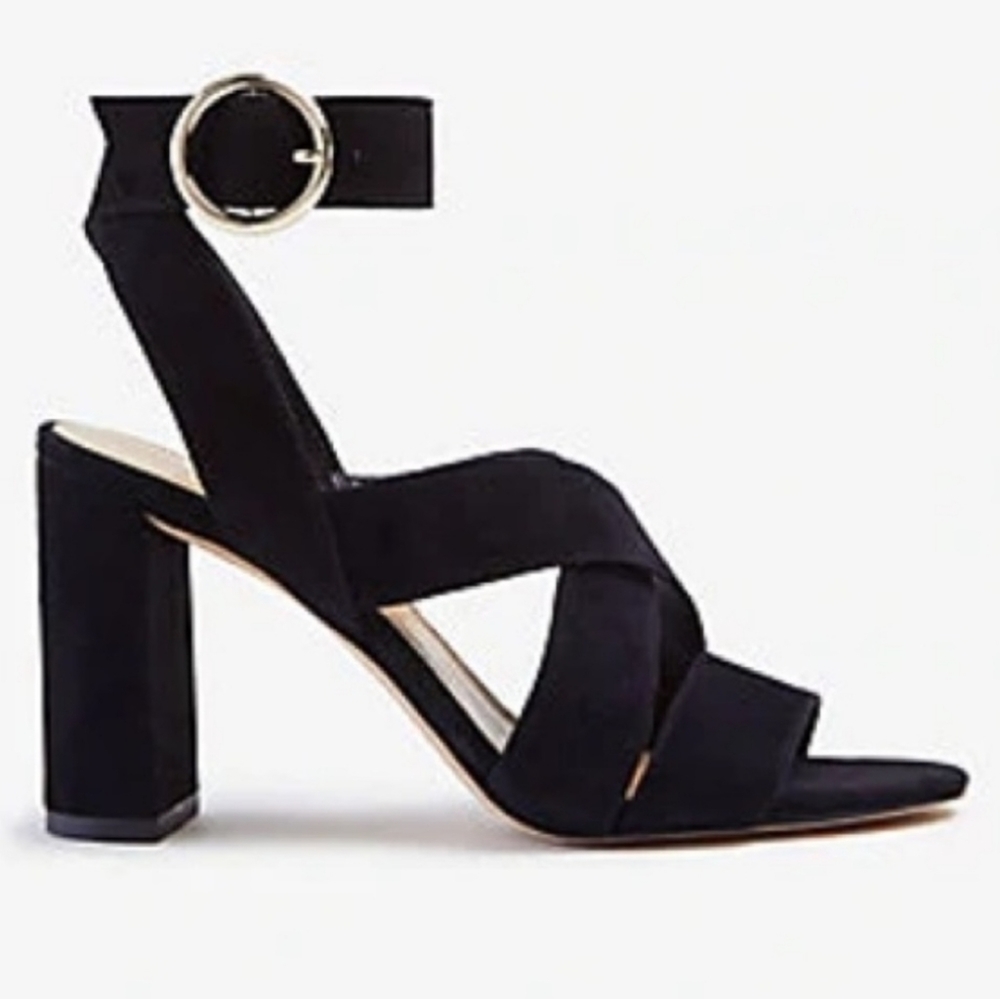 NEW Ann Taylor Margot Black Suede Ankle Strap Block Heel Sandal Size 9.5